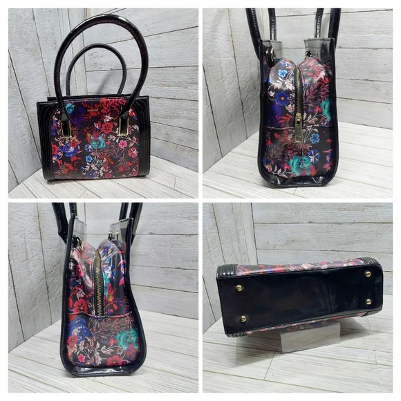 Bebe Black Multi-Floral Print Med/Lrg 2Handle Zip Pockets Square Satchel Handbag - Picture 3 of 8